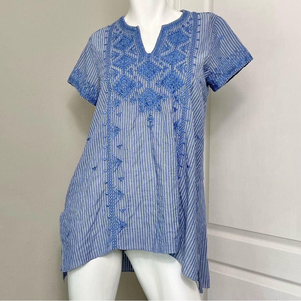 Johnny Was Azure Lanai Blue/White Striped Embroidered Tunic Women’s Sz S